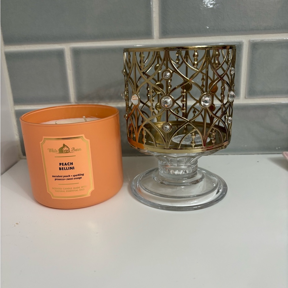 Bath & Body Works Gold Gem Glass Pedestal 3-Wick Candle Holder with new candle